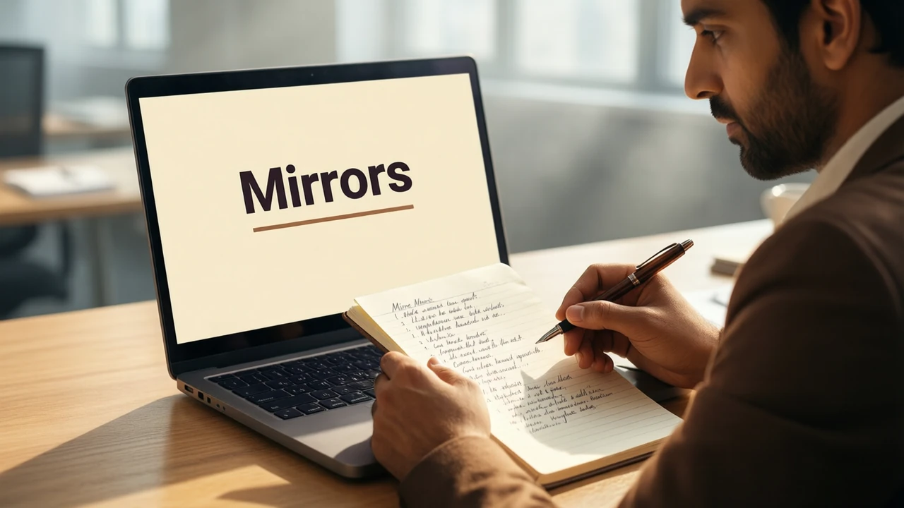 An Indian man in his thirties at a shared office desk in daylight, comparing a handwritten list on a notepad with the laptop in front of him, the laptop screen cream coloured with the large dark word "Mirrors" above a short bronze line, a pen in his hand.