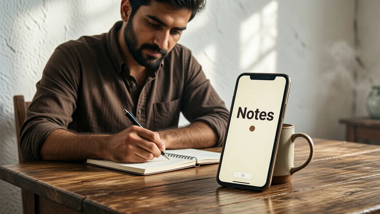 An Indian man sitting at a wooden table by a whitewashed wall in the afternoon, writing in a spiral notebook while an Android phone leans against a mug in front of him, the phone screen cream coloured with the large dark word "Notes" above a small bronze dot