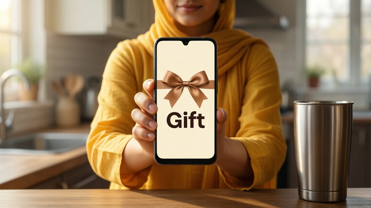 An Indian woman in a yellow cotton salwar suit standing by a kitchen counter in afternoon light, holding her Android phone toward the camera, the phone screen cream coloured with a single bronze ribbon bow in the middle and the large dark word "Gift" under it, a steel tumbler beside her.