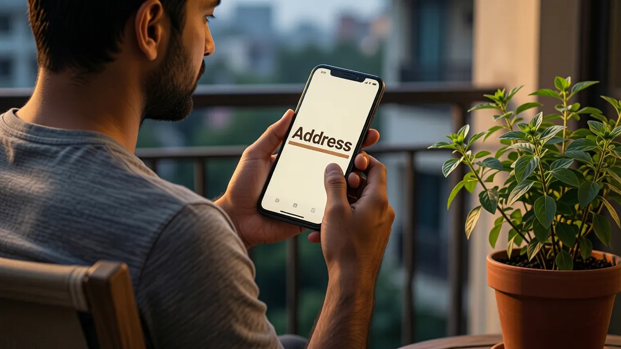 An Indian man in a grey half-sleeve shirt seen in three-quarter view on a balcony chair in the early evening, holding an Android phone at chest height with its screen angled slightly toward us, the screen cream coloured with the large dark word "Address" above a thin bronze underline, potted tulsi plant beside him.