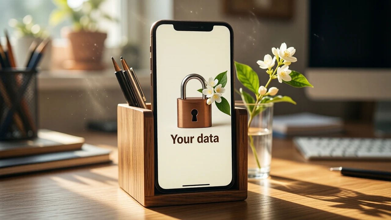 An Android phone standing in a wooden pen holder on a sunlit study table, the whole phone screen plain cream from edge to edge apart from a closed bronze padlock with its shackle locked shut and the dark words "Your data" under it, a jasmine sprig in a glass beside it.