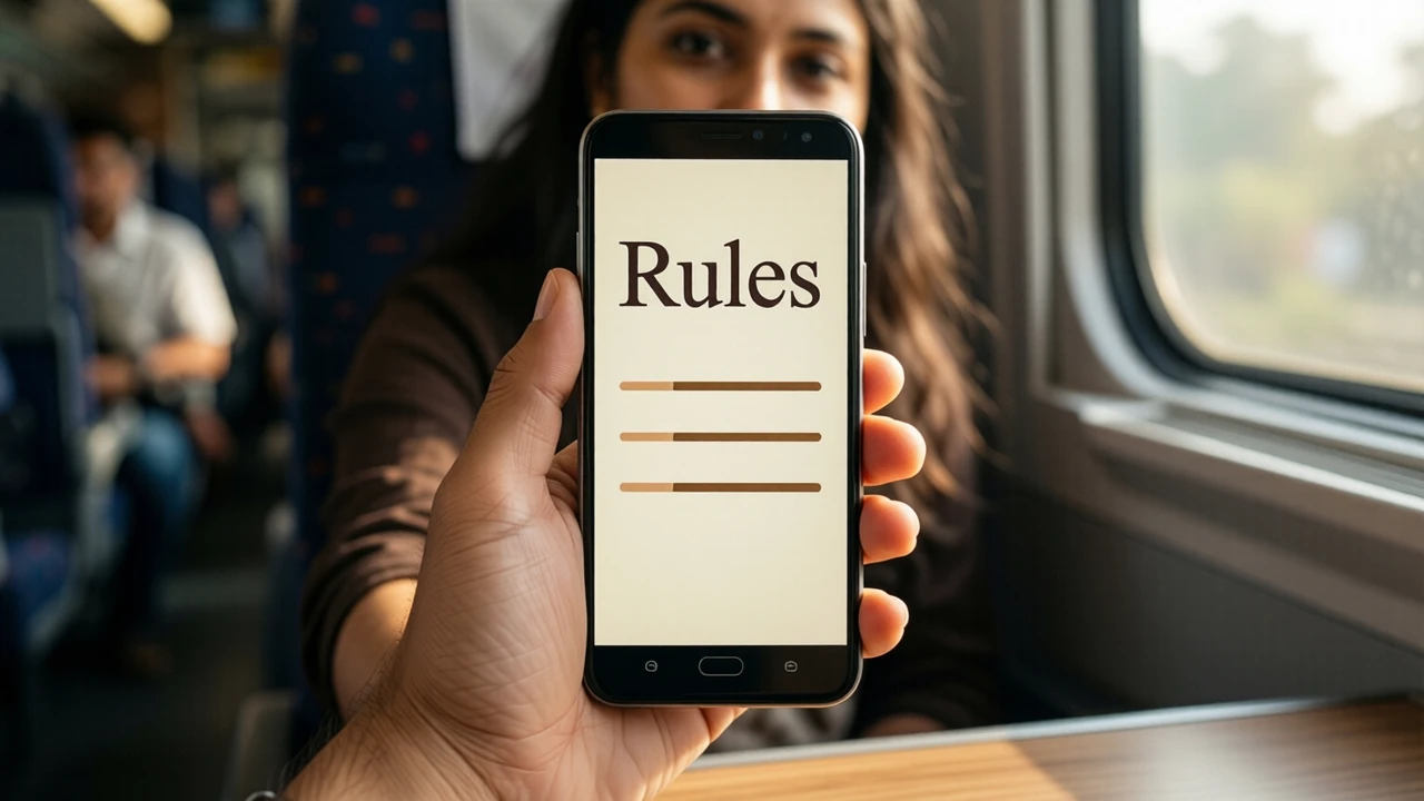 A young Indian woman on a train seat in soft morning light, holding her Android phone up toward the camera, the phone screen cream coloured with the large dark word "Rules" at the top and three short bronze lines beneath it
