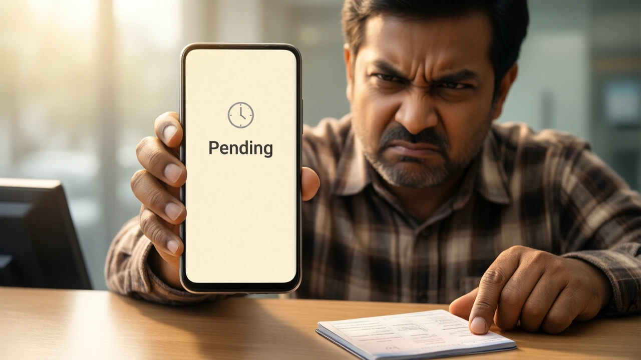 A middle-aged Indian man in a checked shirt at a bank counter in the morning, frowning at the Android phone he holds up toward the camera, the phone screen cream coloured with a small grey clock symbol and the large dark word "Pending" under it, a printed passbook on the counter.